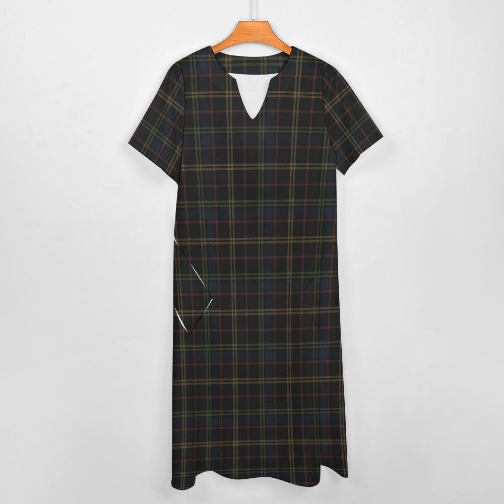 Plaid Women Maxi Dress, Dark Blue Green Yellow V-Neck Print Short Sleeve Evening Cocktail Ladies Handmade Designer Plus Size Outfit Pockets