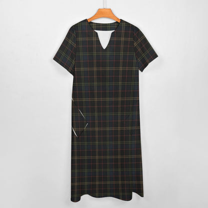 Plaid Women Maxi Dress, Dark Blue Green Yellow V-Neck Print Short Sleeve Evening Cocktail Ladies Handmade Designer Plus Size Outfit Pockets
