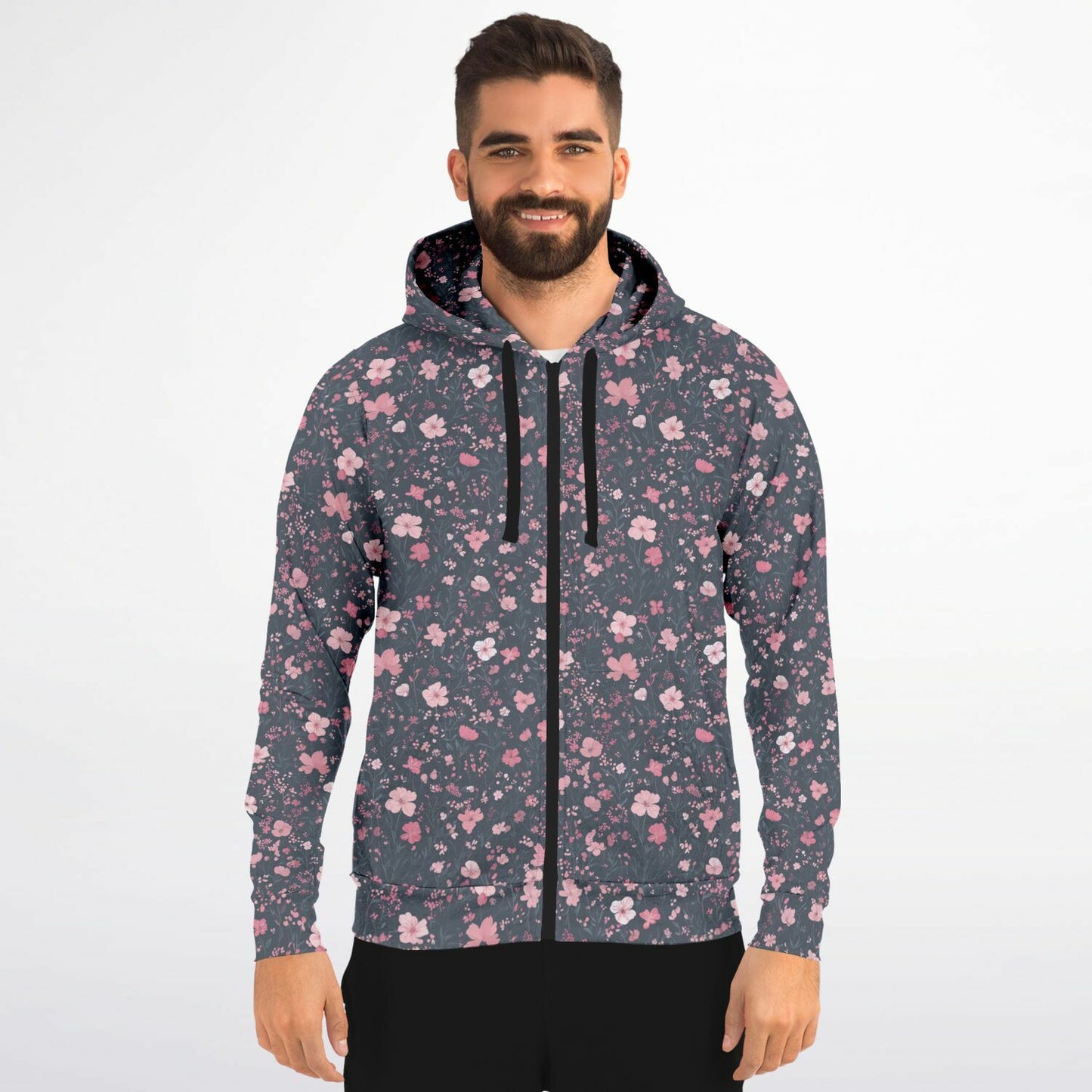 Floral Pink Zip Up Hoodie, Ditsy Flowers Full Zipper Pocket Men Women Unisex Adult Aesthetic Graphic Cotton Fleece Hooded Sweatshirt