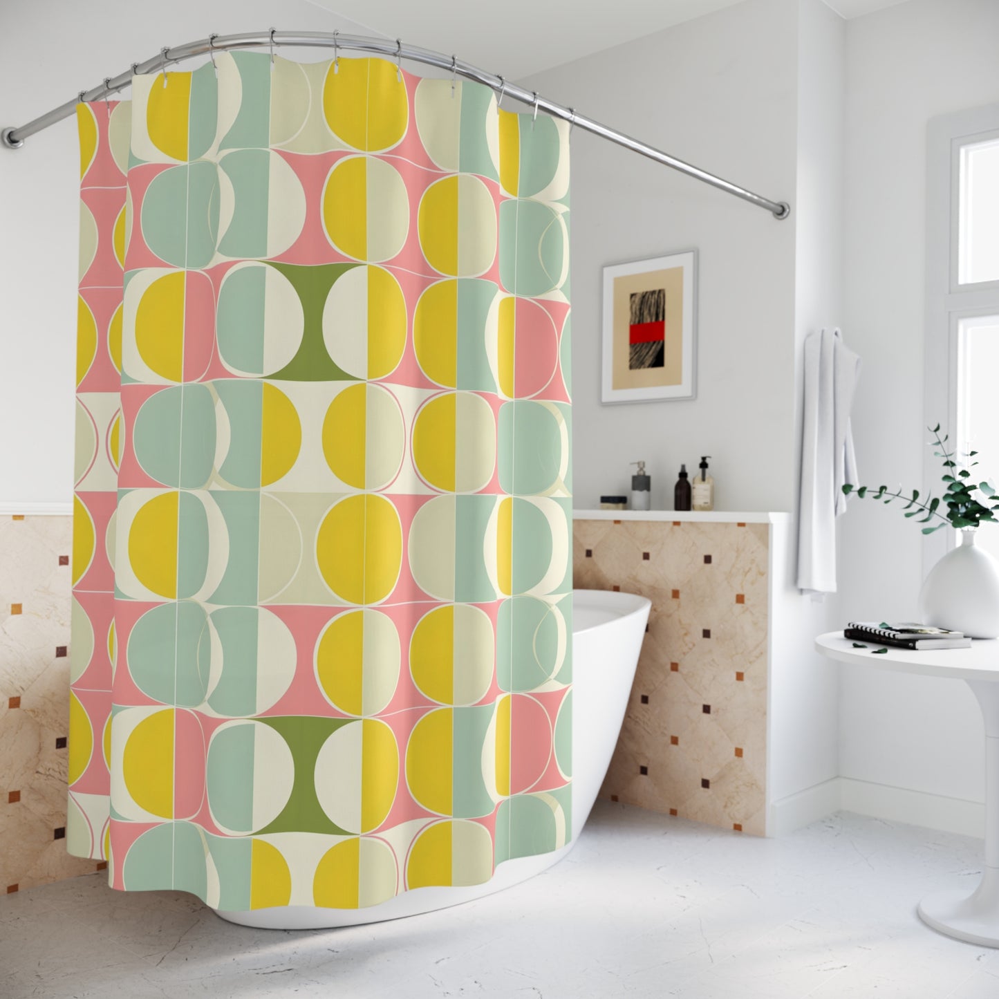 Mid Century Modern Shower Curtain, Yellow Retro Waterproof Fabric Unique Bath Bathroom Decor Cool Unique Housewarming Home Gift 71" x 74"