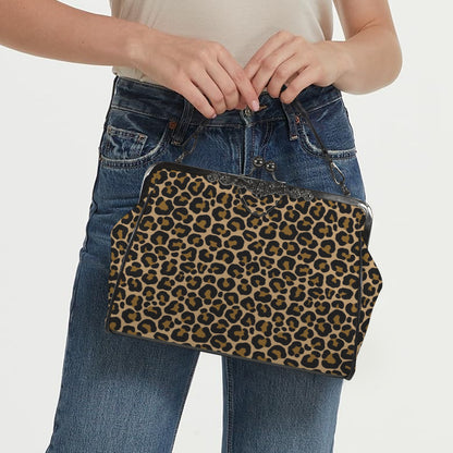 Leopard Kiss Lock Purse Handbag, Animal Print Cheetah Brown Print Vegan Leather Vintage Designer Shoulder Crossbody Top Handle Clasp Bag