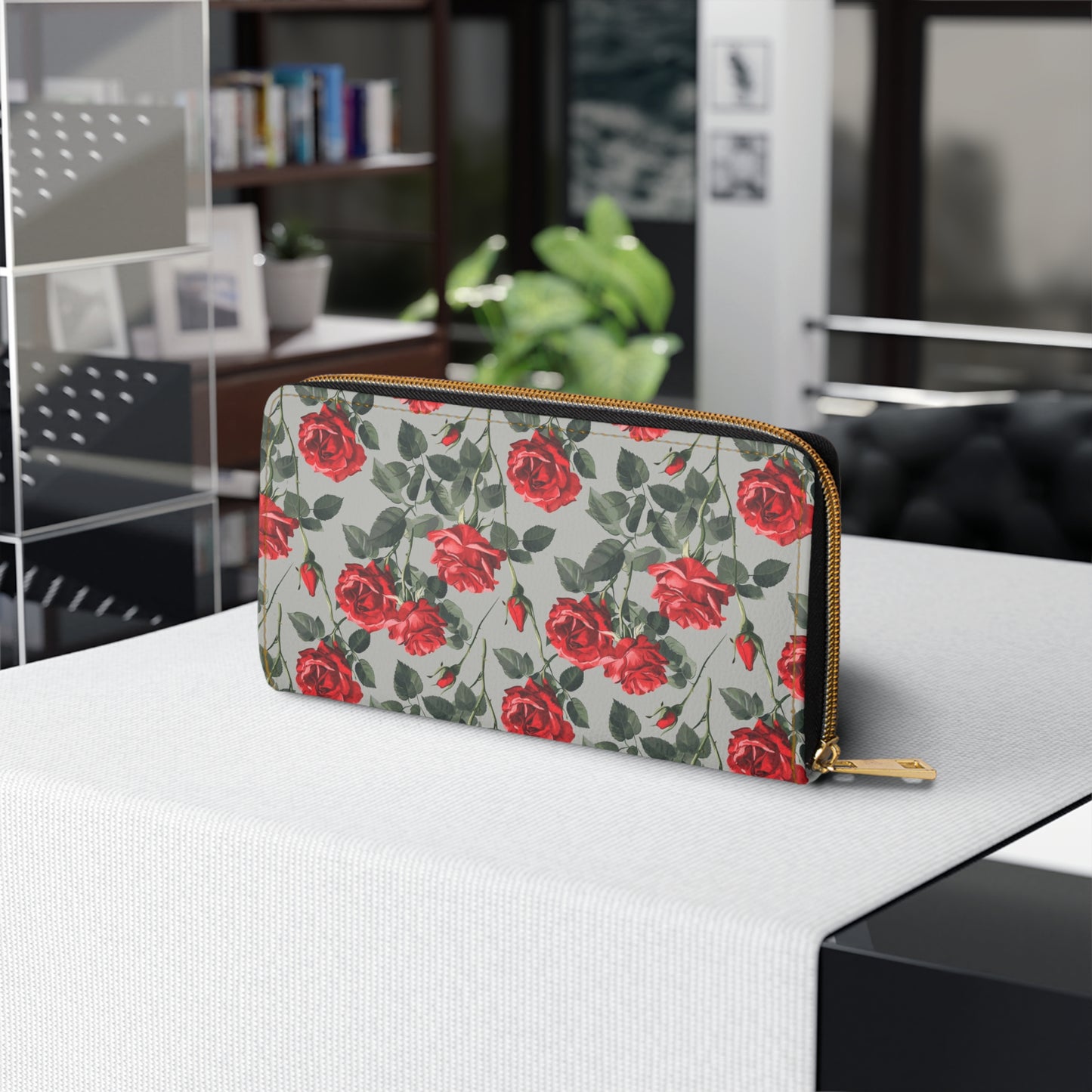 Roses Leather Wallet Women, Red Grey Floral Flowers Vegan Zipper Zip Around Coins Credit Cards Pocket Cash Ladies Pouch Slim Clutch Purse