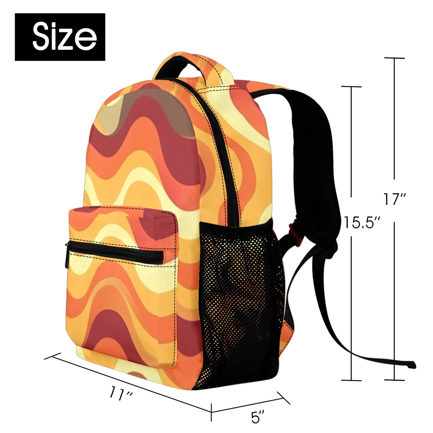 Orange Yellow Backpack, Groovy Striped 70s Men Women Kids Gift School College Cool Waterproof Side Pockets Laptop Designer Aesthetic Bag