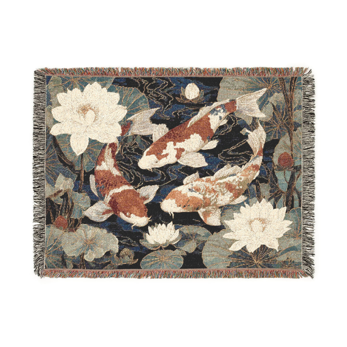Koi Fish Woven Throw Blanket Tapestry, Japanese Lilly Pond Zen Cotton Fringe Cozy Warm Adult Kids Small Large Sofa Bed 50x60 Decorative