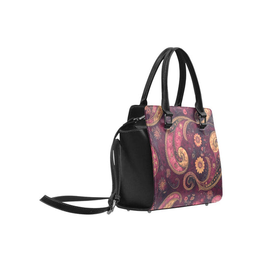 Burgundy Paisley Purse Handbag, Maroon Floral Cute Vegan Leather Designer Women Ladies Female Gift Tote Top Zip Handle Bag Shoulder Strap