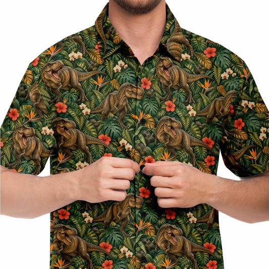 Dinosaur Men Button Up Shirt, T-Rex Dino Jungle Park Short Sleeve Print Casual Buttoned Down Summer Male Guys Collared Designer Dress copy