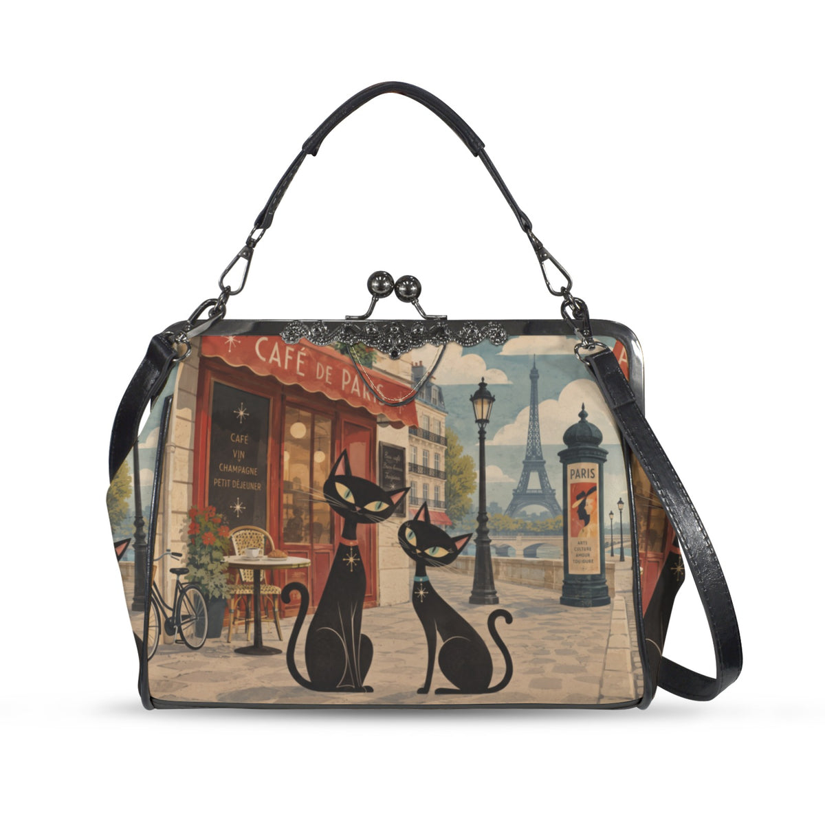 Mid Century Modern Cats Kiss Lock Purse Handbag, Paris Dark Print Vegan Leather Vintage Designer Shoulder Crossbody Top Handle Clasp Bag