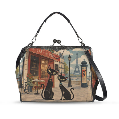Mid Century Modern Cats Kiss Lock Purse Handbag, Paris Dark Print Vegan Leather Vintage Designer Shoulder Crossbody Top Handle Clasp Bag