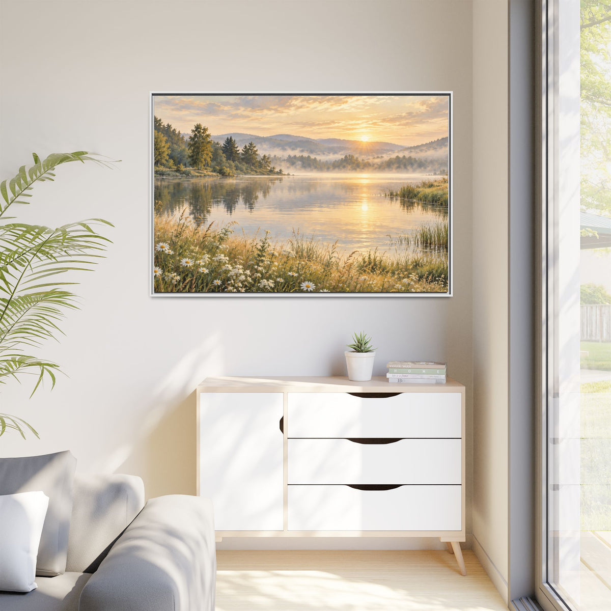 Misty Meadow Lake Wood Framed Canvas, Wildflower Farmhouse Wall Art Print Artwork Decor Small Large Hanging Matte Landscape Square Poster