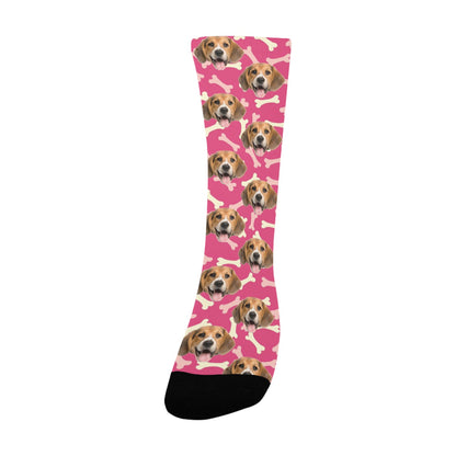 Customized Dog Socks, Photo Face Picture Personalized Pink Dog Bones Custom Lovers Gift Cute Kids Men Women Mom Print Pet Funny Mother's Day