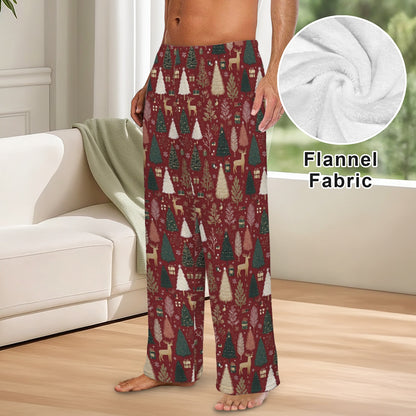 Red Christmas Men Flannel Pajamas Pants, Reindeer Green Trees Snow PJ Sleep Trousers Sleepwear Guys Male Adult Long Lounge Trousers Bottoms
