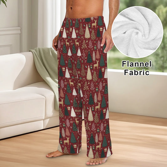 Red Christmas Men Flannel Pajamas Pants, Reindeer Green Trees Snow PJ Sleep Trousers Sleepwear Guys Male Adult Long Lounge Trousers Bottoms