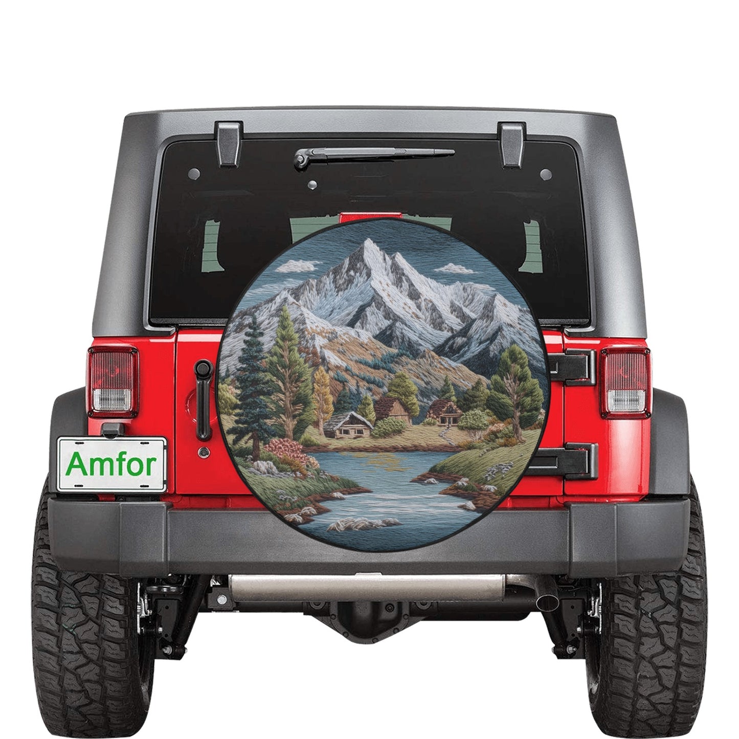 Mountains Spare Tire Wheel Cover, River Trees Faux Embroidery Back Up Camera Hole Design Backup Rear RV Car Camper Truck Trailer Motorhome