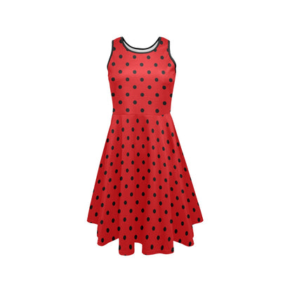 Red Black Polka Dots Midi Dress, Women Sleeveless Casual Cute Designer Elegant Plus Size Ladies Expansion Cocktail Party Summer Designer - Starcove Fashion