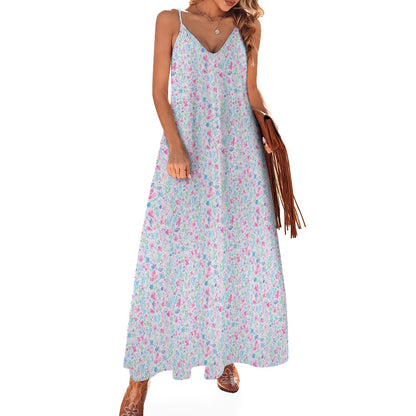 Pink White Maxi Dress, Floral Paint Long Spaghetti Straps Women Sleeveless Casual Cute Designer Elegant Plus Size Cocktail Party Summer - Starcove Fashion