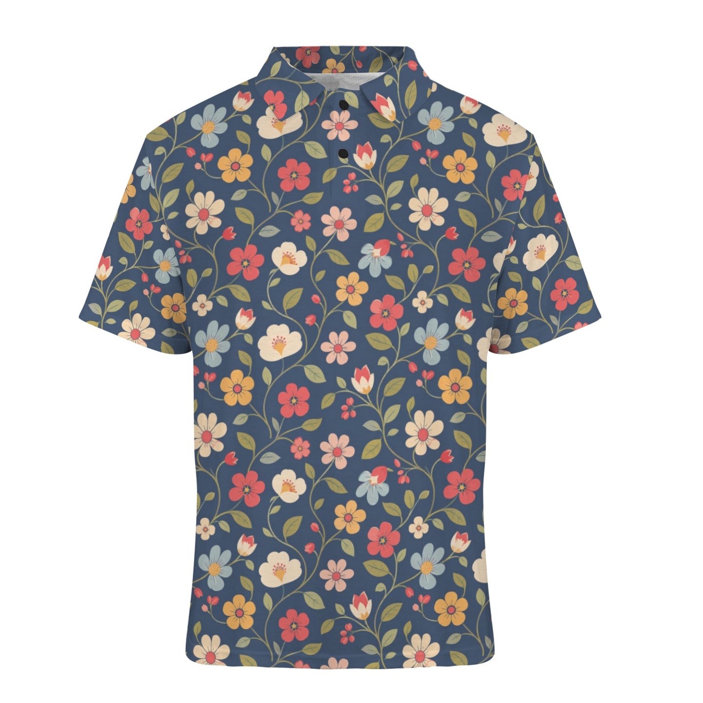 Floral Men Polo Shirt, Navy Blue Resort Flowers Botanical Guys Golf Casual Summer Buttoned Down Up Collared Short Sleeve Sports Tshirt Tee