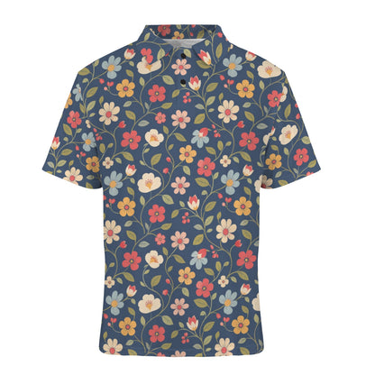 Floral Men Polo Shirt, Navy Blue Resort Flowers Botanical Guys Golf Casual Summer Buttoned Down Up Collared Short Sleeve Sports Tshirt Tee