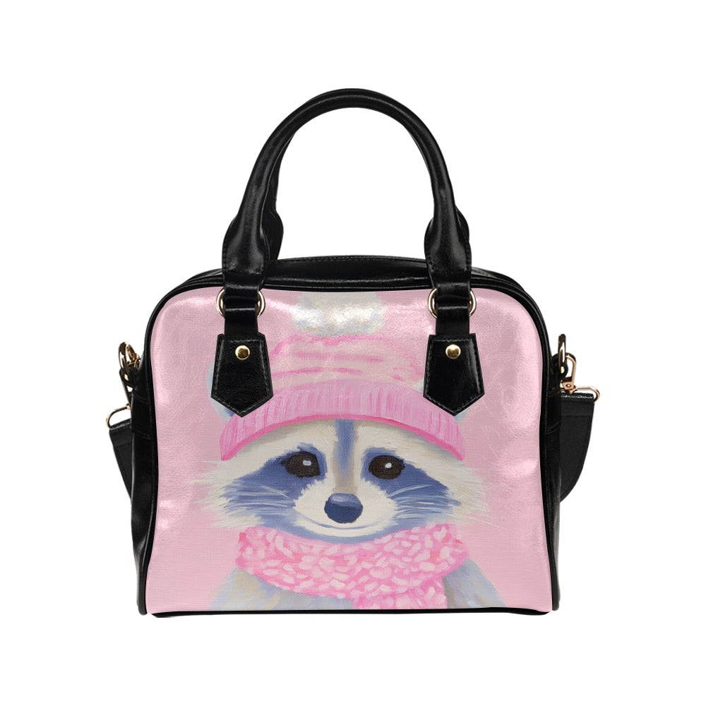 Pink Raccoon Purse, Cute Animal Print Small Shoulder Black Vegan Leather Women Ladies Designer Zipper Strap Handbag Crossbody Bag