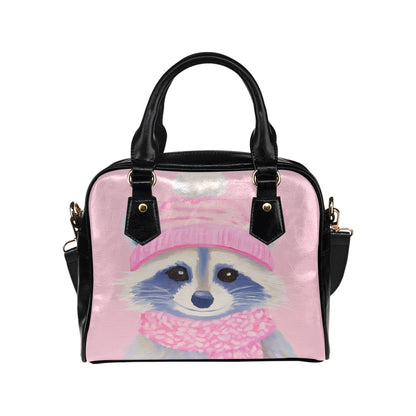 Pink Raccoon Purse, Cute Animal Print Small Shoulder Black Vegan Leather Women Ladies Designer Zipper Strap Handbag Crossbody Bag