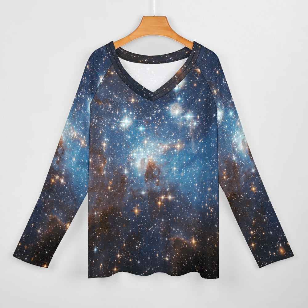 Galaxy Women Long Sleeve Tshirt loose fit, Space Stars Universe Blue Relaxed V-neck Designer Graphic Aesthetic Ladies Female Tee Top Shirt - Starcove Fashion