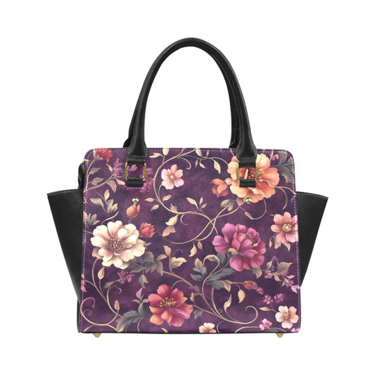 Burgundy Floral Purse Handbag, Maroon Classic Flowers Cute Vegan Leather Designer Women Ladies Female Tote Top Zip Handle Bag Shoulder Strap - Starcove Fashion