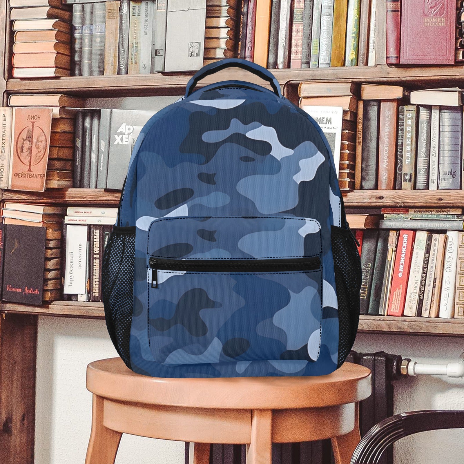 Navy Blue Camo Backpack, Camouflage Men Women Kids Gift School College Cool Waterproof Side Pockets Laptop Designer Aesthetic Bag