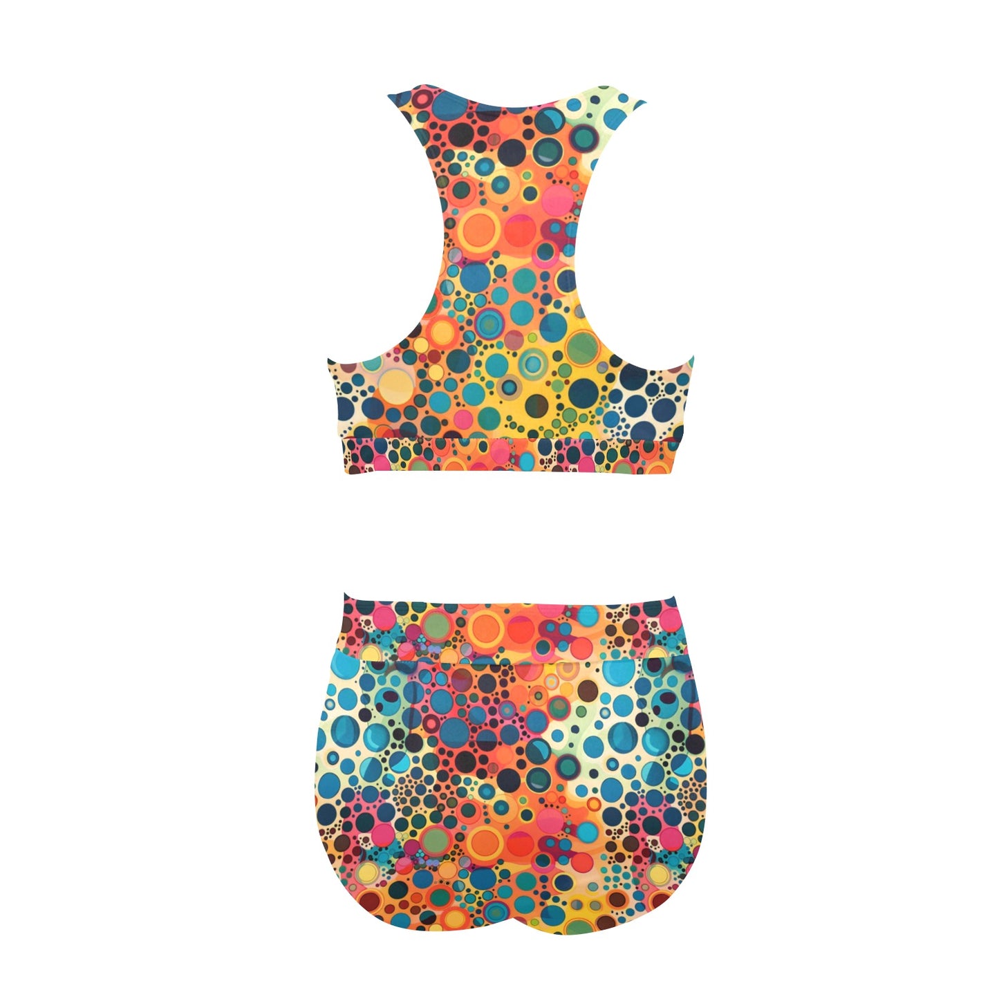 Psychedelic Sports Bikini Set, Dot Art Trippy Colorful High Waisted Cheeky Bottom Crop Halter Top Swimsuits Women Padded Festival Swimwear