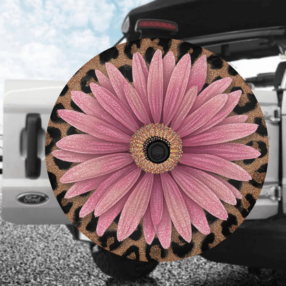Pink Leopard Daisy Car Spare Tire Cover, Cheetah Back Rear Extra Wheel Floral Flowers Black Camera Hole Unique Women  RV Camper Auto