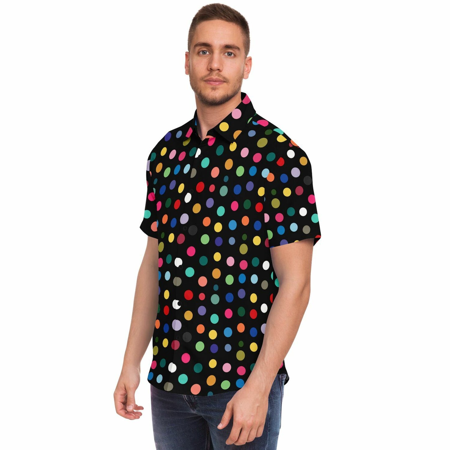 Vibrant Polk Dots Men Button Up Shirt, Colorful Festival Short Sleeve Print Casual Buttoned Down Summer Male Guys Collared Designer Dress