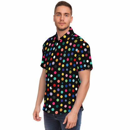Vibrant Polk Dots Men Button Up Shirt, Colorful Festival Short Sleeve Print Casual Buttoned Down Summer Male Guys Collared Designer Dress