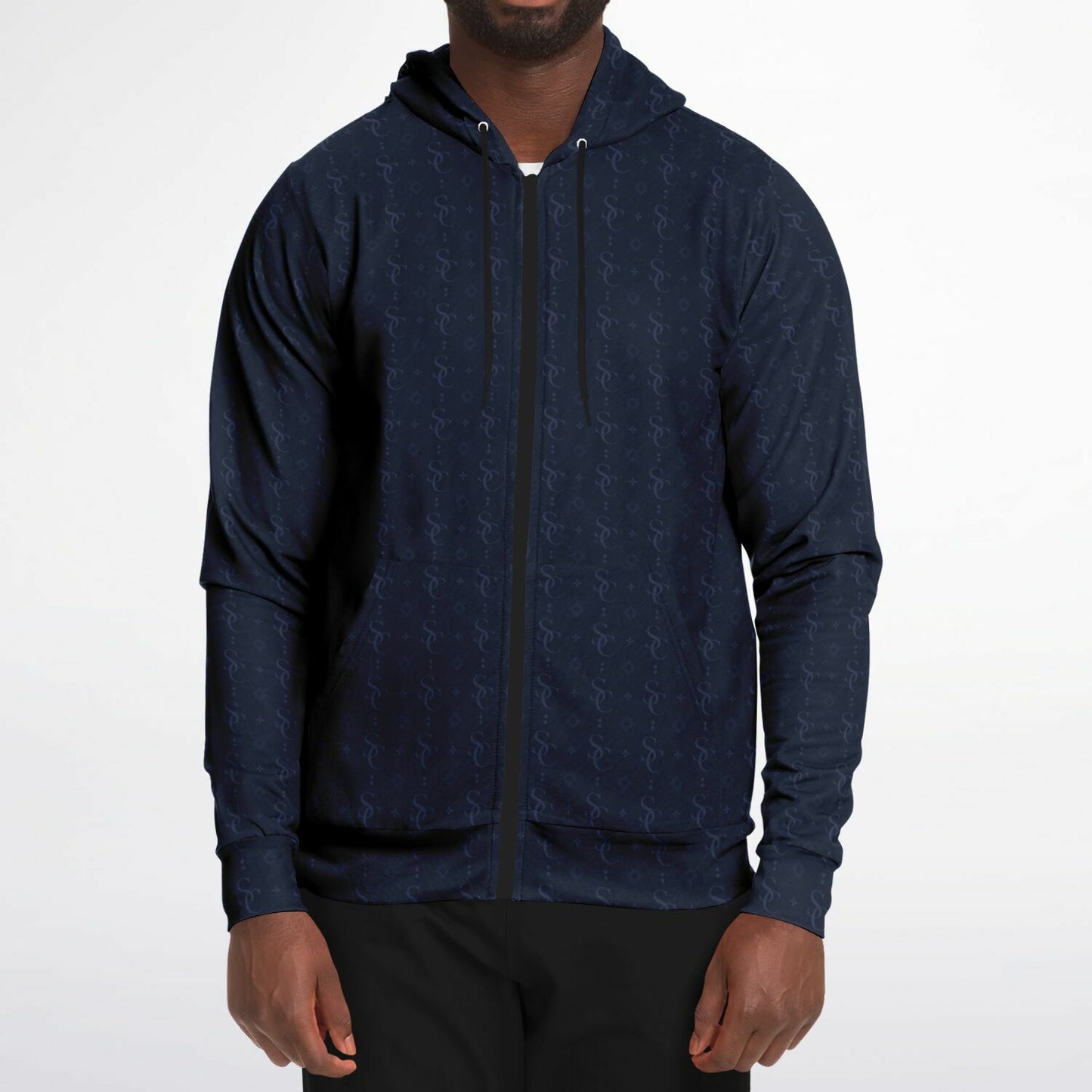 Navy Blue Zip Up Hoodie, Geometric Monogram Pattern Full Zipper Pocket Men Women Unisex Aesthetic Graphic Cotton Fleece Hooded Sweatshirt - Starcove Fashion