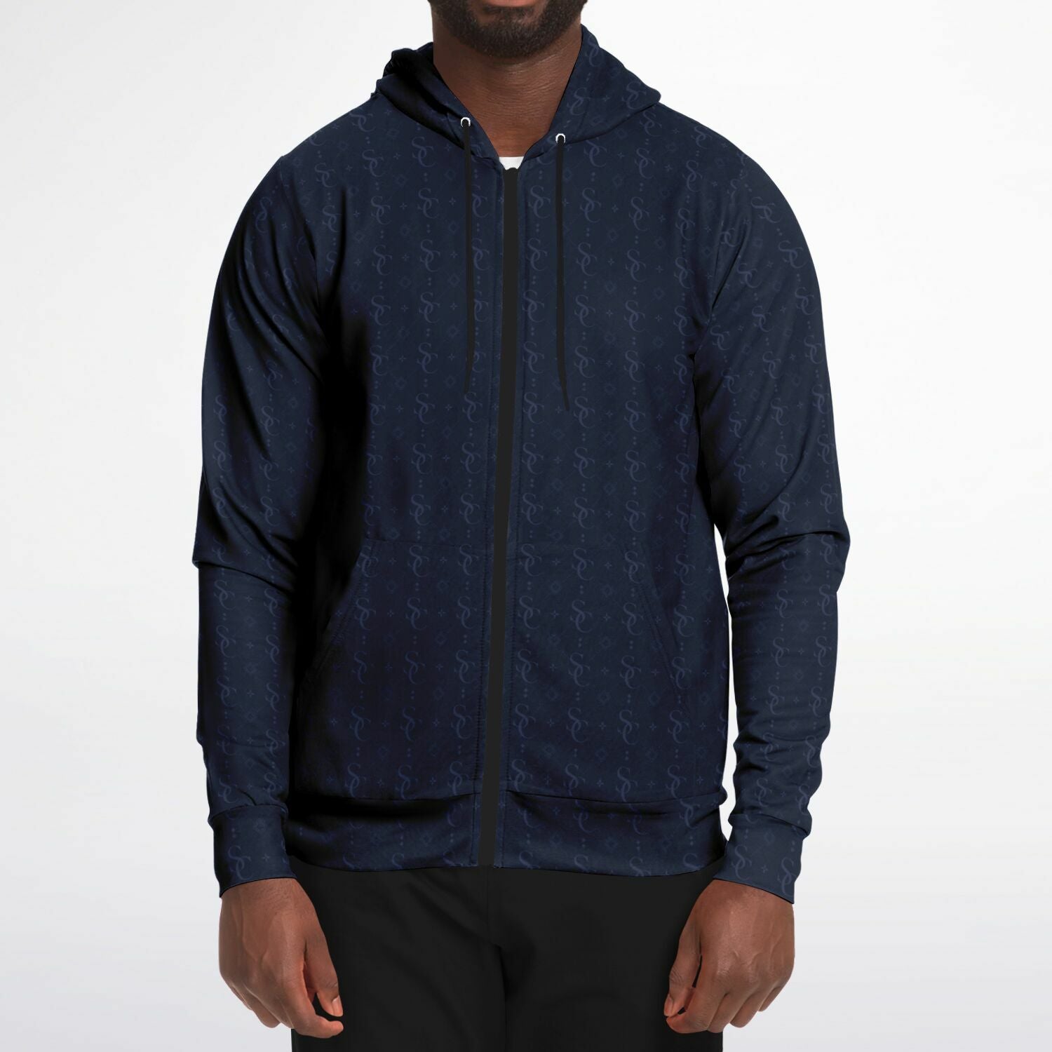 Navy Blue Zip Up Hoodie, Geometric Monogram Pattern Full Zipper Pocket Men Women Unisex Aesthetic Graphic Cotton Fleece Hooded Sweatshirt - Starcove Fashion