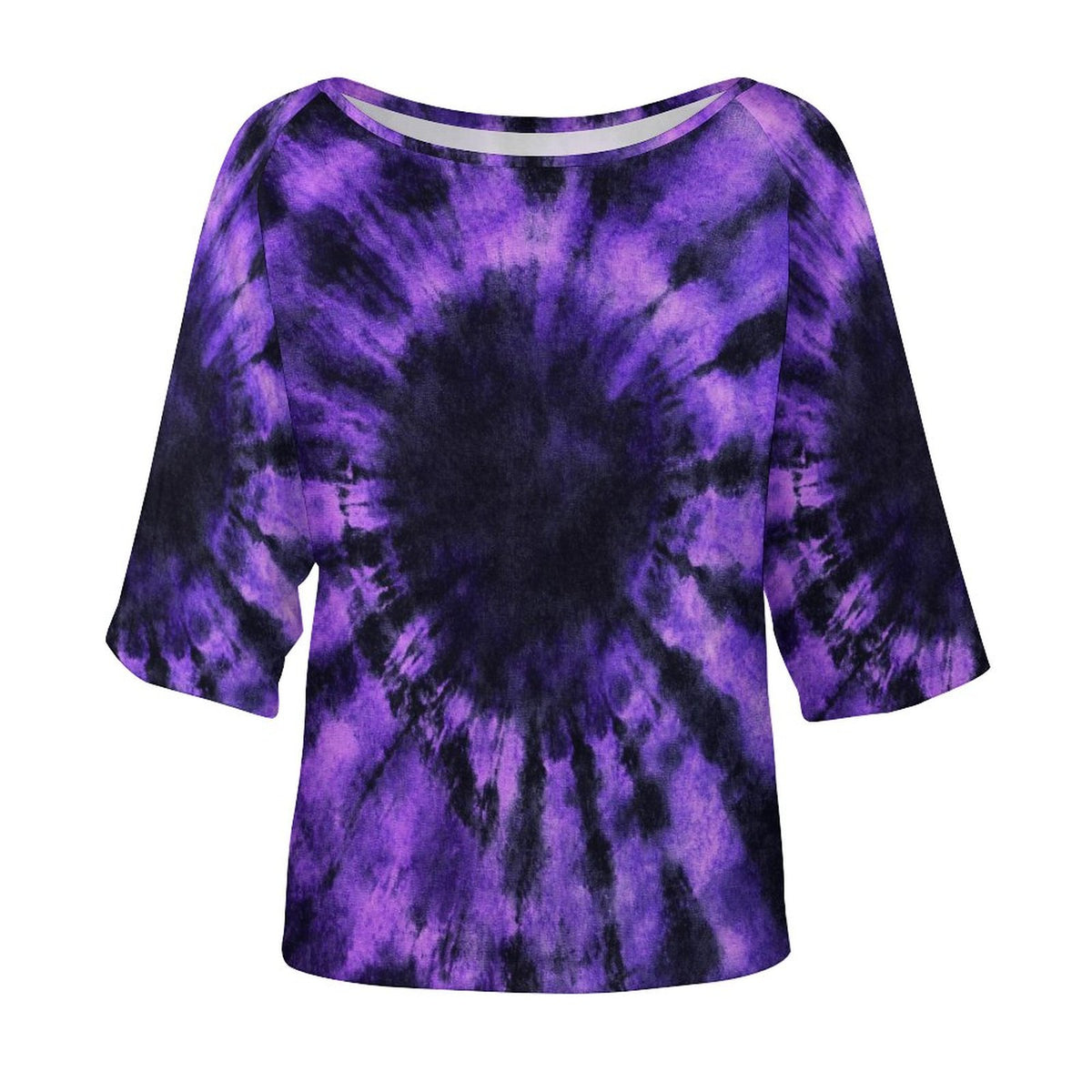 Black Purple Tie Dye Off the Shoulder Top Tshirt, Spiral Dark Retro Women Ladies Half Sleeve Shirt Blouse Loose Relaxed Fit Festival Casual - Starcove Fashion