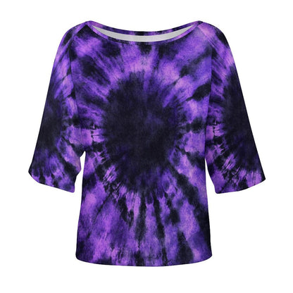 Black Purple Tie Dye Off the Shoulder Top Tshirt, Spiral Dark Retro Women Ladies Half Sleeve Shirt Blouse Loose Relaxed Fit Festival Casual - Starcove Fashion