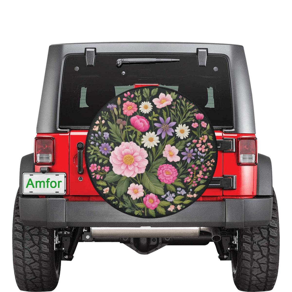 Pink Purple Flowers Spare Tire Cover, Daisy Floral Faux Embroidery Printed Floral Wheel Unique Backup Camera Hole Trailer Back Women RV