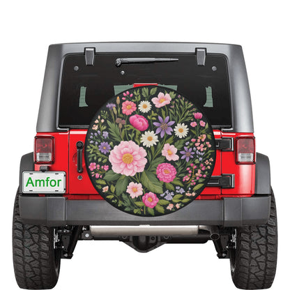 Pink Purple Flowers Spare Tire Cover, Daisy Floral Faux Embroidery Printed Floral Wheel Unique Backup Camera Hole Trailer Back Women RV