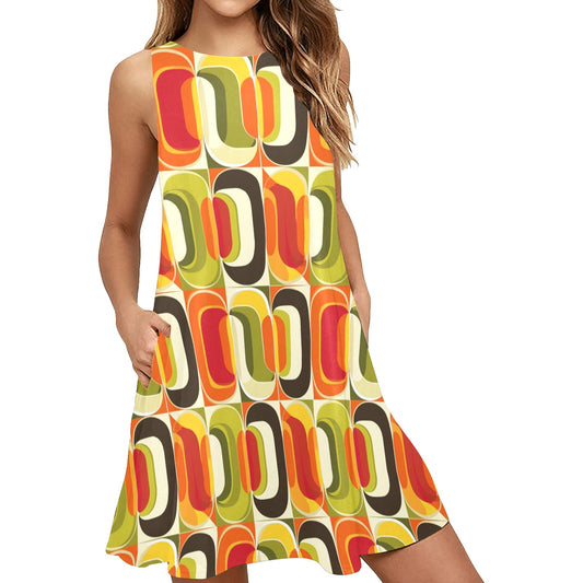 Mid Century Modern Tank Dress Women Pockets, 60s Retro Geometric Vintage 70s Print Summer Sleeveless Mini Short Cute Handmade Party Casual
