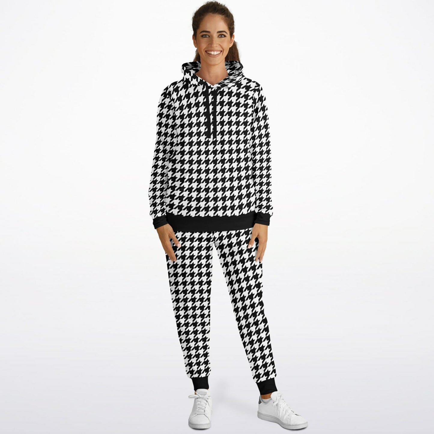 Houndstooth Hoodie Jogger Sweatsuit Set, Black White Lounge Hooded Sweatshirt Sweatpants Women Men Cotton Matching Plus Size Sweats