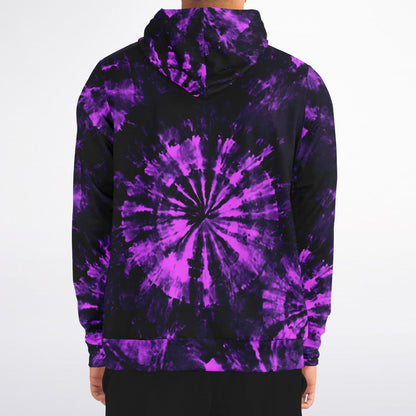 Black Purple Tie Dye Zip Up Hoodie, Full Zipper Pocket Men Women Unisex Adult Aesthetic Graphic Cotton Fleece Hooded Sweatshirt