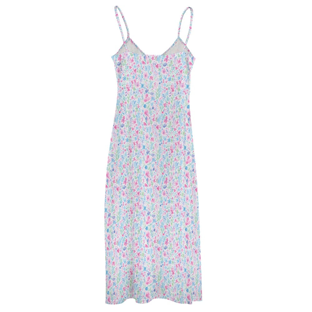Pink White Maxi Dress, Floral Paint Long Spaghetti Straps Women Sleeveless Casual Cute Designer Elegant Plus Size Cocktail Party Summer - Starcove Fashion