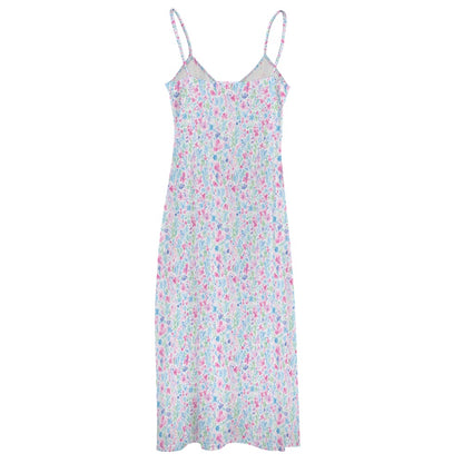 Pink White Maxi Dress, Floral Paint Long Spaghetti Straps Women Sleeveless Casual Cute Designer Elegant Plus Size Cocktail Party Summer - Starcove Fashion