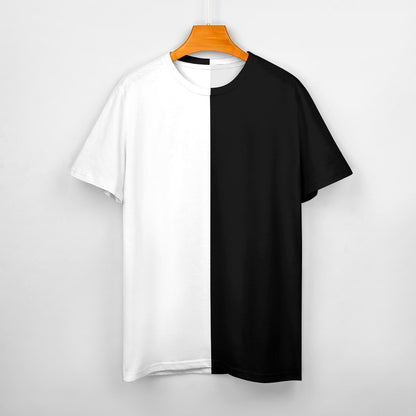 Half Black Half White Women Cotton Tshirt, Color Block Split 2 Tone Ladies Female Designer Graphic Aesthetic Fitted Crewneck Tee Shirt Top