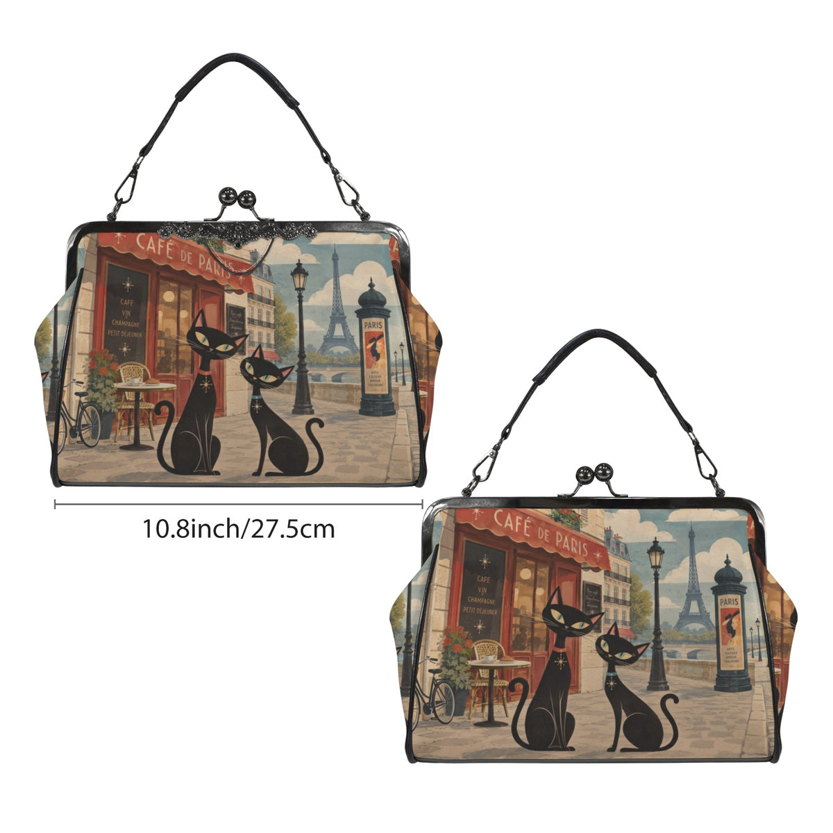 Mid Century Modern Cats Kiss Lock Purse Handbag, Paris Dark Print Vegan Leather Vintage Designer Shoulder Crossbody Top Handle Clasp Bag