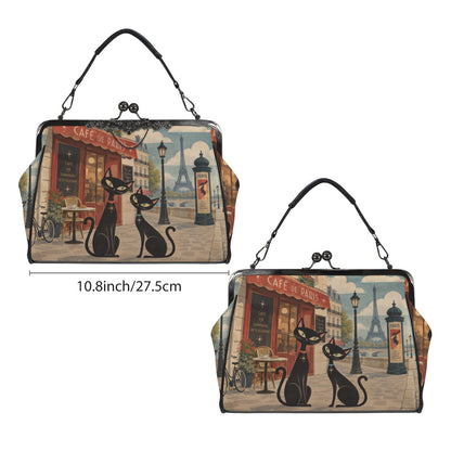Mid Century Modern Cats Kiss Lock Purse Handbag, Paris Dark Print Vegan Leather Vintage Designer Shoulder Crossbody Top Handle Clasp Bag