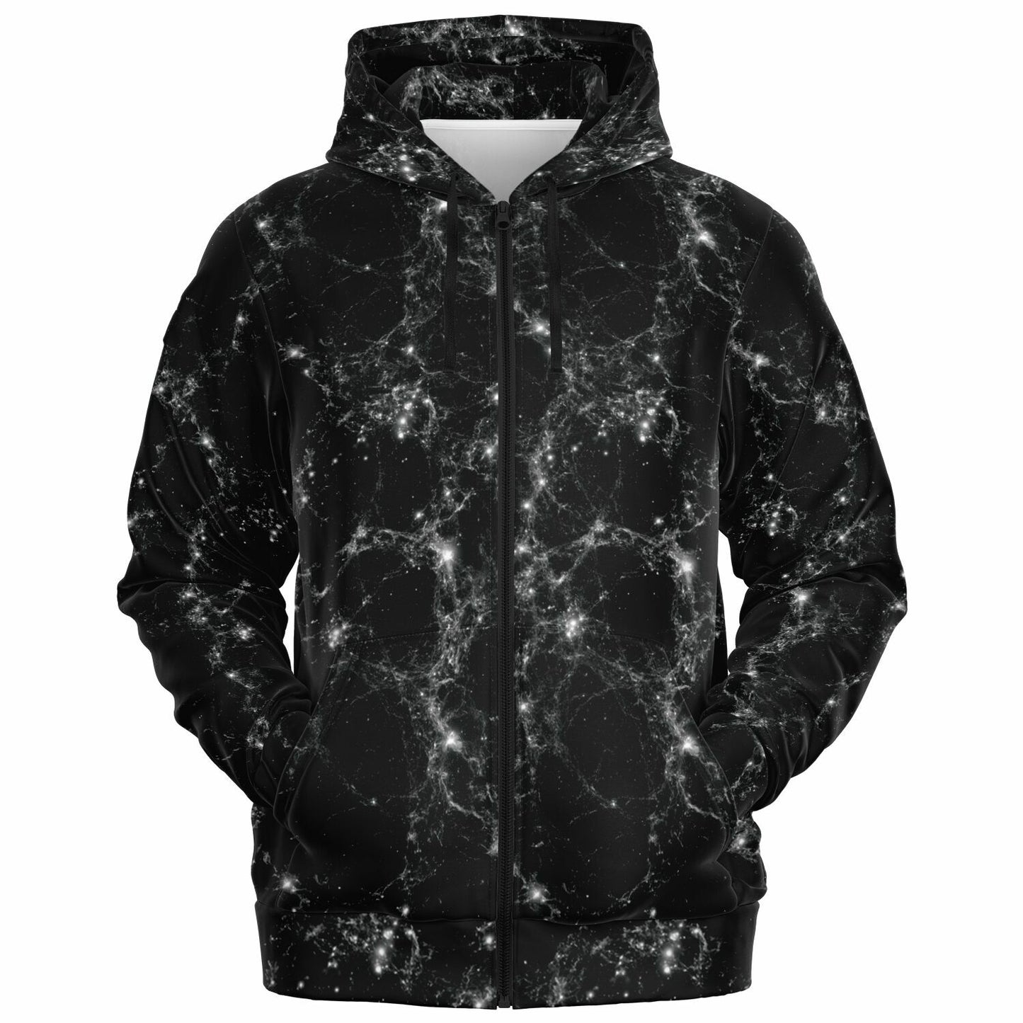 Black Galaxy Zip Up Hoodie, Space Stars Universe Full Zipper Pocket Men Women Unisex Adult Aesthetic Graphic Cotton Fleece Hooded Sweatshirt