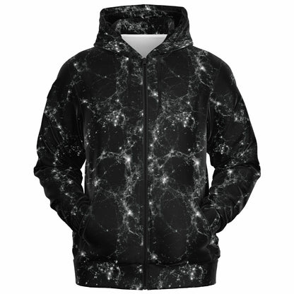 Black Galaxy Zip Up Hoodie, Space Stars Universe Full Zipper Pocket Men Women Unisex Adult Aesthetic Graphic Cotton Fleece Hooded Sweatshirt