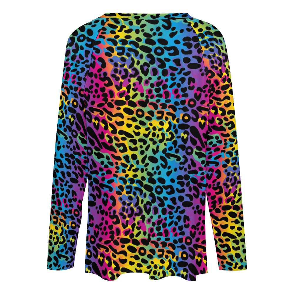 Rainbow Leopard Women Long Sleeve Tshirt loose fit, Animal Print Vibrant Relaxed V-neck Designer Aesthetic Ladies Female Tee Top Shirt - Starcove Fashion