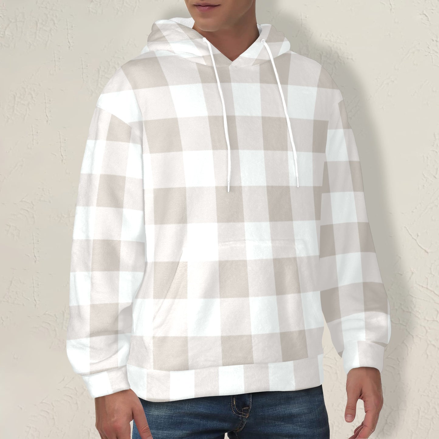 Beige White Buffalo Plaid Flannel Hoodie, Cream Check Fleece Lined Heavyweight Pocket Men Women Unisex Graphic Hooded Sweatshirt Jacket