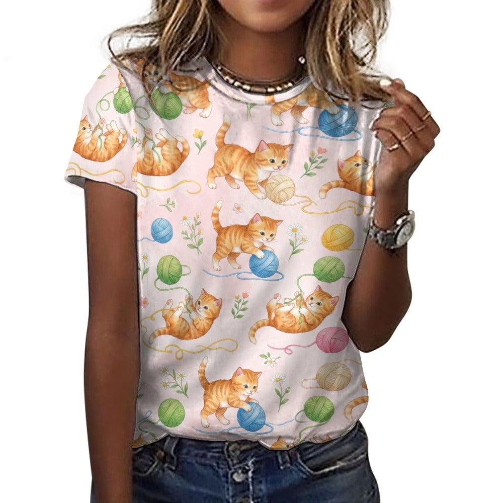 Cute Cats Women Cotton Tshirt, Tabby Kittens Pink Ladies Female Designer Adult Graphic Aesthetic Fashion Fitted Crewneck Tee Shirt Top - Starcove Fashion