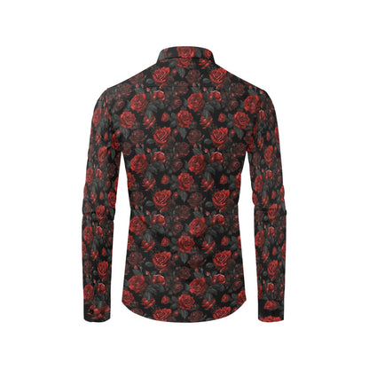 Red Rose Long Sleeve Men Button Up Shirt, Flowers Print Casual Buttoned Collared Designer Dress Shirt with Chest Pocket Guys Male